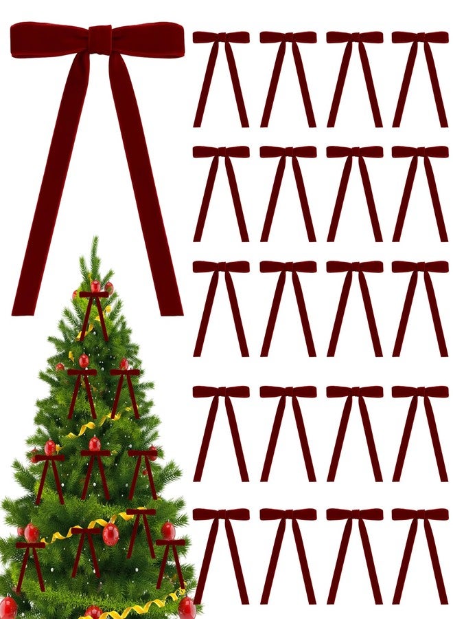 MIRJXB Christmas Tree Bows, Vintage Vel-Vet Christmas Tree Decorations, Burgundy Red Vel-Vet Bows for Christmas Tree, 30pcs Premade Bows for Gift Wrapping, Fireplace Decor, Party Decorations - Image 1